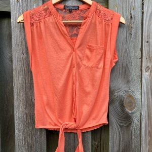 Almost Famous Coral Salmon Orange Sleeveless Lace Front Tie bottom Butto…